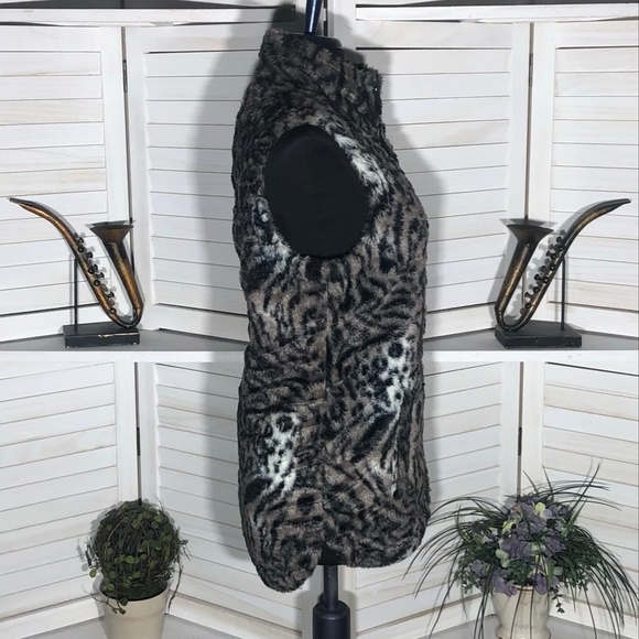 Vintage Y2K reversible Vest Animal Print Faux Fur Cinch Quilted Black/Brown L - Picture 3 of 14